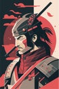 japanese samurai warrior close up flat vector illustration