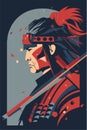japanese samurai warrior close up flat vector illustration