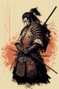 Japanese samurai warrior. Mighty ninja with swords. Cool poster of asian fighter with katana Royalty Free Stock Photo