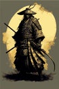 Japanese samurai warrior. Mighty ninja with swords. Cool poster of asian fighter with katana Royalty Free Stock Photo