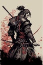 Japanese samurai warrior. Mighty ninja with swords. Cool poster of asian fighter with katana Royalty Free Stock Photo