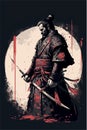 Japanese samurai warrior. Mighty ninja with swords. Cool poster of asian fighter with katana Royalty Free Stock Photo