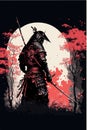 Japanese samurai warrior. Mighty ninja with swords. Cool poster of asian fighter with katana Royalty Free Stock Photo