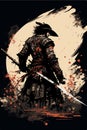 Japanese samurai warrior. Mighty ninja with swords. Cool poster of asian fighter with katana Royalty Free Stock Photo