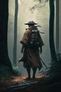 Japanese samurai warrior in traditional Asian armor with a katana sword in forest in rain. Generative AI