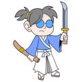 Japanese samurai wearing kimonos carrying sharp swords, doodle icon image kawaii