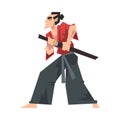 Japanese Samurai Wearing Red Karate Suit and Holding Katana Vector Illustration