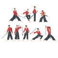 Japanese Samurai Wearing Red Karate Suit and Holding Katana Vector Illustration Set