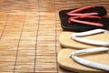 Japanese sandals for men and women on bamboo blinds.