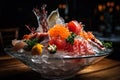 Japanese sashimi, nice artistic arrangement on ice, AI generative