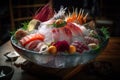 Japanese sashimi, nice artistic arrangement on ice, AI generative