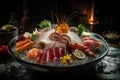 Japanese sashimi, nice artistic arrangement on ice, AI generative