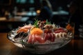 Japanese sashimi, nice artistic arrangement on ice, AI generative