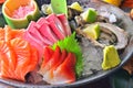 Assorted Japanese salmon sashimi oyster platter Royalty Free Stock Photo