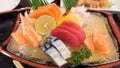 Japanese sashimi set on boat plate Royalty Free Stock Photo