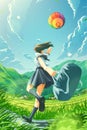 A Japanese school girl is running happily home in the countryside and notice an air balloon floating in the sky