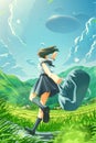 A Japanese school girl running happily home in the countryside and seeing the fleet of huge ufos in the sky