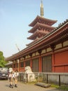 Japanese schoolgirls walk past old Sensoji pagoda, Tokyo Royalty Free Stock Photo