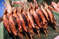 Japanese seafood grilled mackerel fish display at seafood market Royalty Free Stock Photo