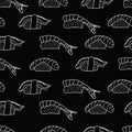 Japanese seafood sushi nigiri with salmon, shrimp and eel horizontal line design. Hand drawn white on black background Royalty Free Stock Photo