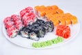 Japanese seafood Sushi roll  on white close up. Japanese food restaurant, sushi maki gunkan roll plate or Royalty Free Stock Photo