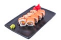 Japanese seafood Sushi roll isolated on white close up. Japanese food restaurant, sushi maki gunkan roll plate or Royalty Free Stock Photo