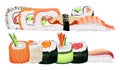 Japanese seafood sushi rolls group. Healthy asian sushi food in restaurant menu.