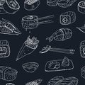 Japanese seafood sushi rolls seamless pattern with salmon, smoked eel, selective food vector. Royalty Free Stock Photo