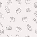 Japanese seafood sushi rolls seamless pattern.