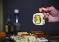 Japanese seafood sushi, rolls with tuna, salmon, avocado. California roll. Royalty Free Stock Photo