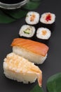 Japanese seafood sushi set on black background isolated Royalty Free Stock Photo