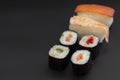 Japanese seafood sushi set on black background isolated, copy space Royalty Free Stock Photo