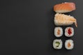 Japanese seafood sushi set on black background isolated, copy space Royalty Free Stock Photo