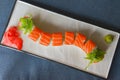 Japanese seafood sushi set on dark background served in a white round plate. Traditional Japanese cuisine concept Royalty Free Stock Photo