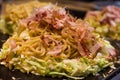 Japanese seafood yakisoba noodles with shredded cabbage cooked at the hot pan restaurants Royalty Free Stock Photo