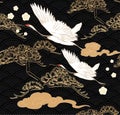 Japanese seamless pattern with crane birds elements vector. Asian background with oriental decoration such as hand drawn bonsai Royalty Free Stock Photo