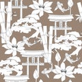 Japanese seamless pattern in a flat style. Vector illustration of bansai, bamboo, torii gate, lotus flower on a brown background, Royalty Free Stock Photo