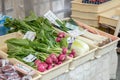 Japanese seller are selling fresh vegetables, souvenirs, food at the local Jinya Mae morning market