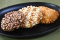 Japanese Sembei, Rice Cracker on Lacquered Plate. Royalty Free Stock Photo