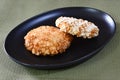 Japanese Sembei, Rice Cracker on Lacquered Plate. Royalty Free Stock Photo