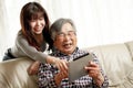 Japanese senior man learning tablet PC