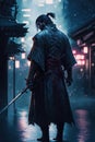 A Japanese sensei with samurai in heavy rain