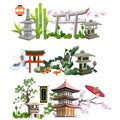 Japanese set national objects in a flat style. Vector template: pagodas, bamboo, torii, lotus, tsuru, koi carp, japanese garden