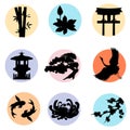 Japanese set of japanese silhouette icons. Vector round illustrations isolated on white background. National japanese characters Royalty Free Stock Photo