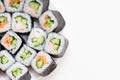 Japanese set sushi rolls, close up on white background. Sopy space