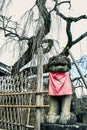 Japanese shrine guardian dog-lion or also known as komainu stone sculpture front of a shrine in Nara