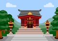 Japanese Shrine Shinto religion prayer building scene cartoon illustration vector Royalty Free Stock Photo