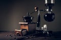 Japanese siphon coffee maker and coffee grinder Royalty Free Stock Photo