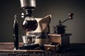 Japanese siphon coffee maker and coffee grinder Royalty Free Stock Photo