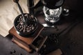 Japanese siphon coffee maker and coffee grinder on old kitchen t Royalty Free Stock Photo